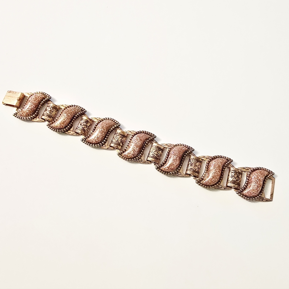 3/$50 Vintage 50s 60s copper gold stone lucite pannel link bracelet - Picture 2 of 7